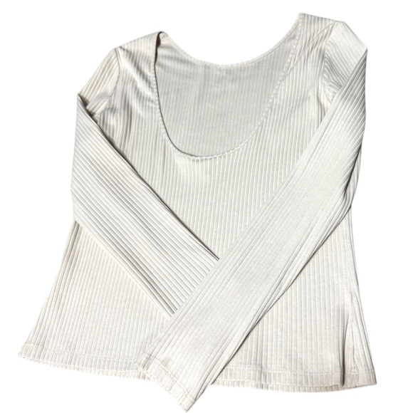 Monki Open Back Top Ribbed Beige Cream Long Sleeve Size Medium - Picture 3 of 9